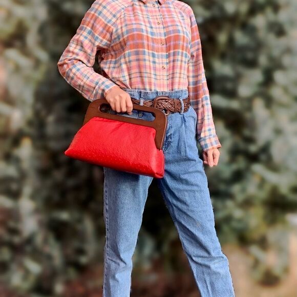 Vintage Style Handmade Genuine Embossed Leather Large Wooden Frame Bag/Crossbody - Picture 8 of 16